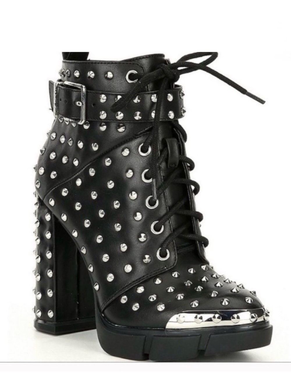 Gianni Bini Rhiannen Black and Silver Studded Spiked Chunky Heeled Moto Boots